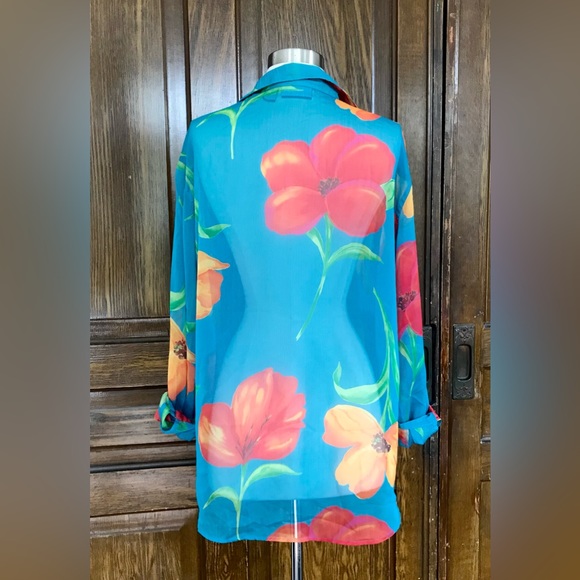 🌺 90s Bright SHEER TURQUOISE Hibiscus Floral Blouse, size Med Liz Claiborne - Picture 3 of 6